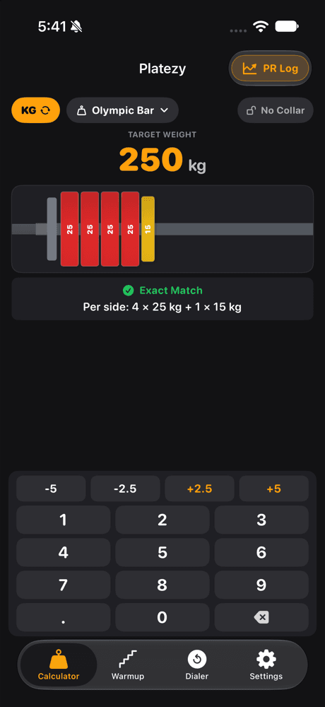 Platezy calculator showing 250 kg as 4 × 25 kg plus 1 × 15 kg per side on a loaded barbell