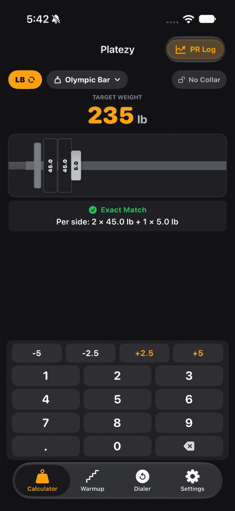 Platezy calculator showing 235 lb as 2 × 45 lb plus 1 × 5 lb per side