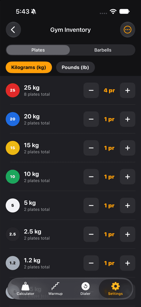 Platezy Gym Inventory with colour-coded kilogram plates and pair counts