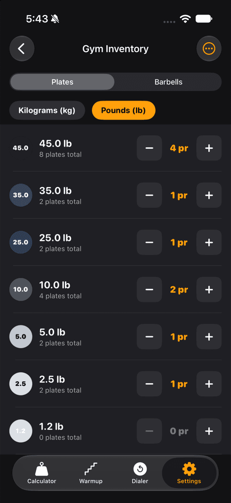 Gym Inventory in pounds with plate pair counts
