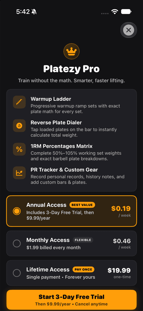 Platezy Pro plans: annual with 3-day free trial, monthly, and lifetime