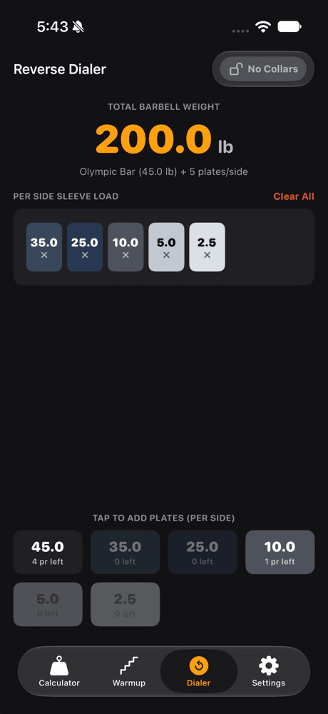 Platezy Reverse Dialer showing 200 lb total from tapped plates on the sleeve