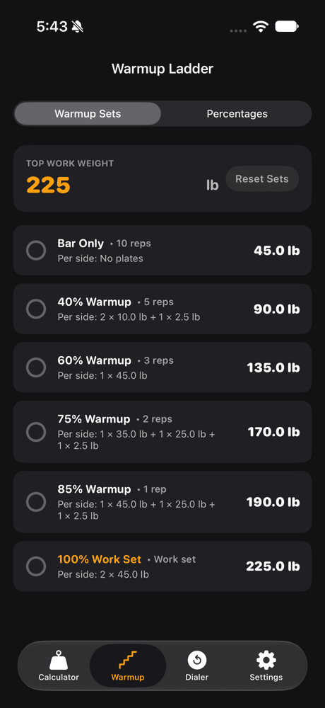 Platezy Warmup Ladder listing sets from Bar Only to a 225 lb work set with per-side plates